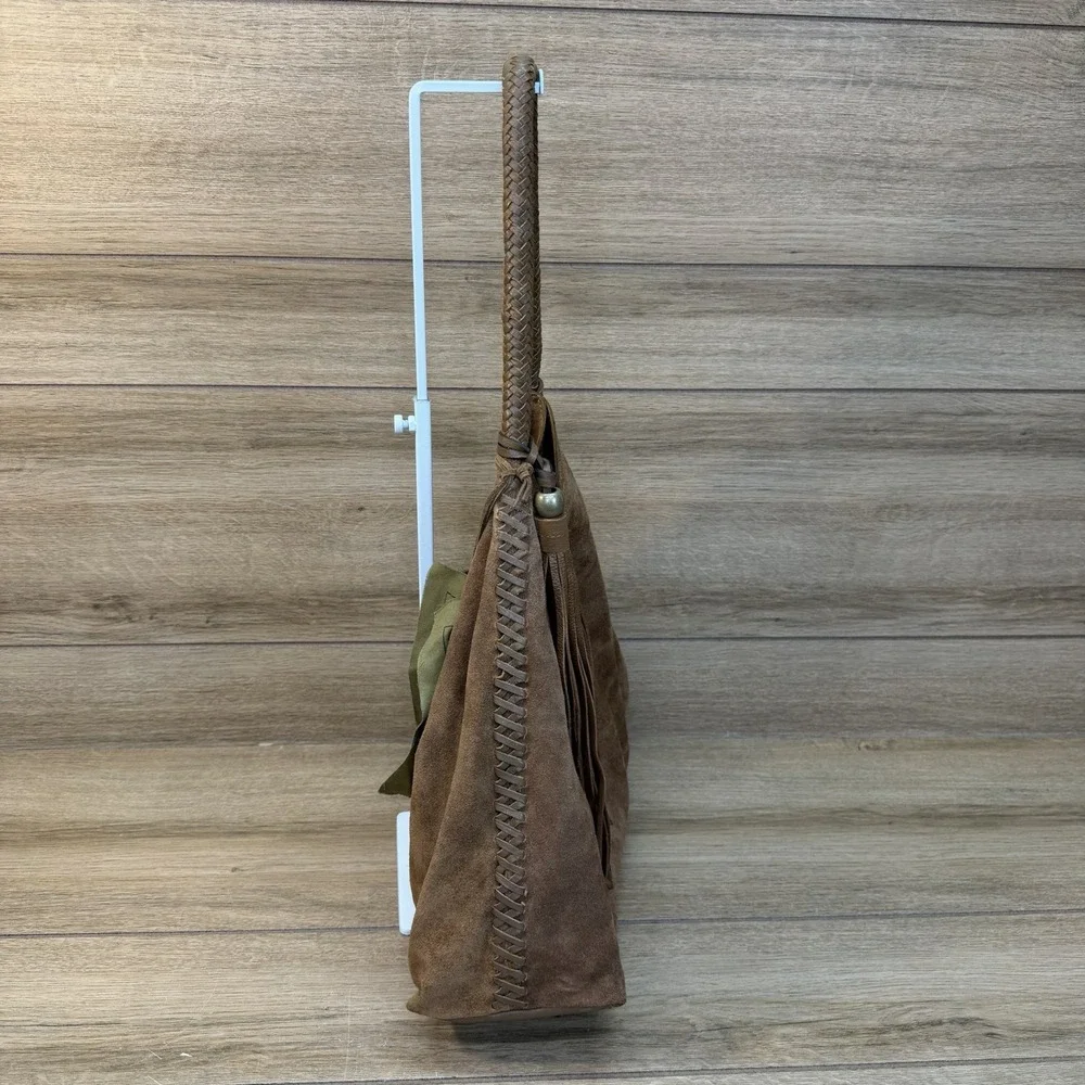 Vilenca Holland Suede Slouchy Hobo Shoulder Bag Brown Boho Whipstitch Tassel